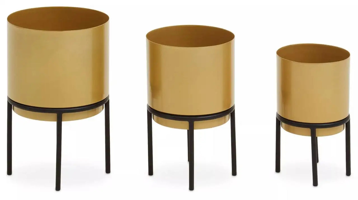 Set of 3 Iron Metal Gold Finish Planters with Black Legs
