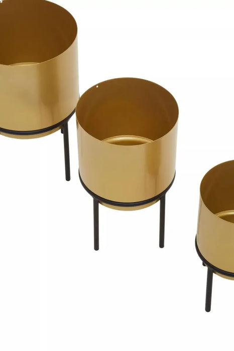 Set of 3 Iron Metal Gold Finish Planters with Black Legs