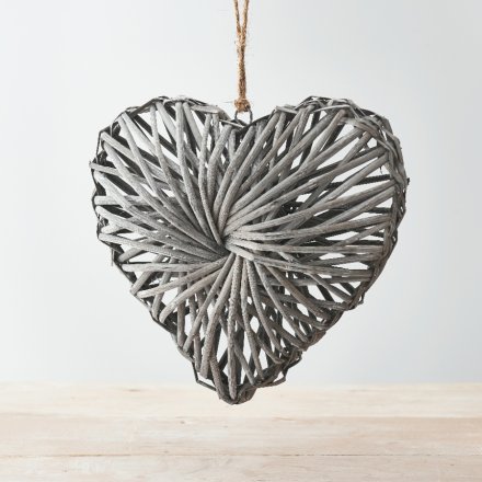 Woven Wicker Grey Rattan Heart 40cm