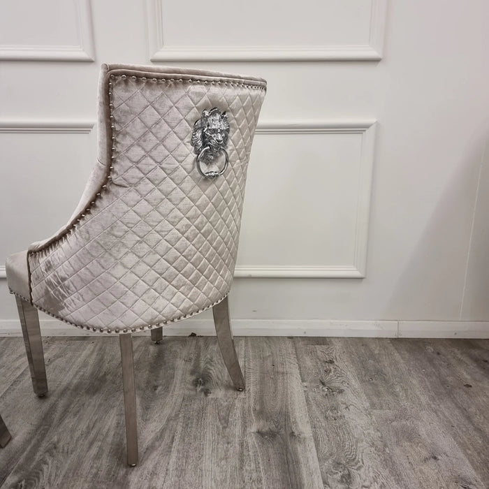 Bentley Lion Knocker Chrome Dining Chair - Beige Velvet