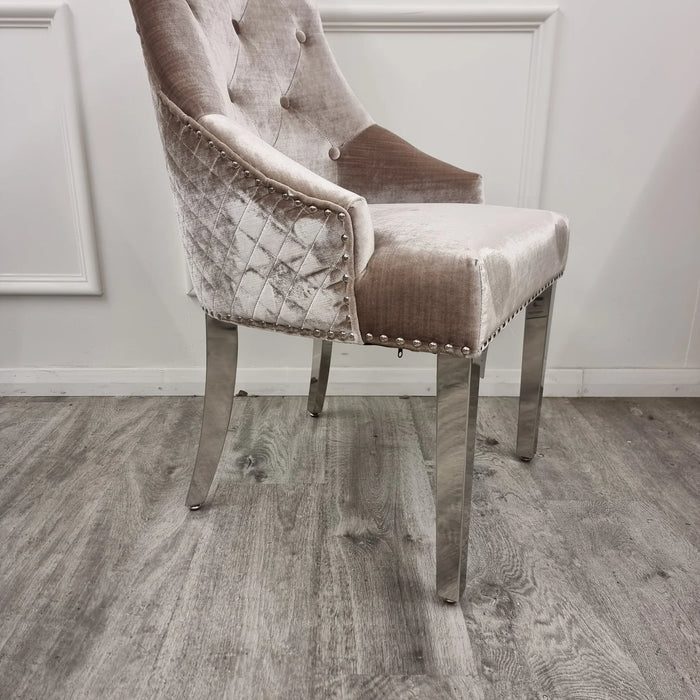 Bentley Lion Knocker Chrome Dining Chair - Beige Velvet