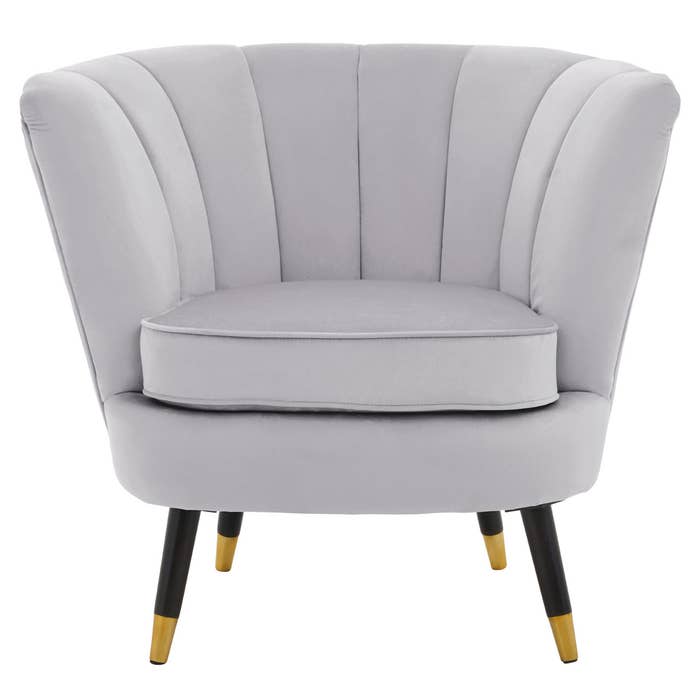 Grey Velvet Scalloped Chair with Black Wood and Gold Legs