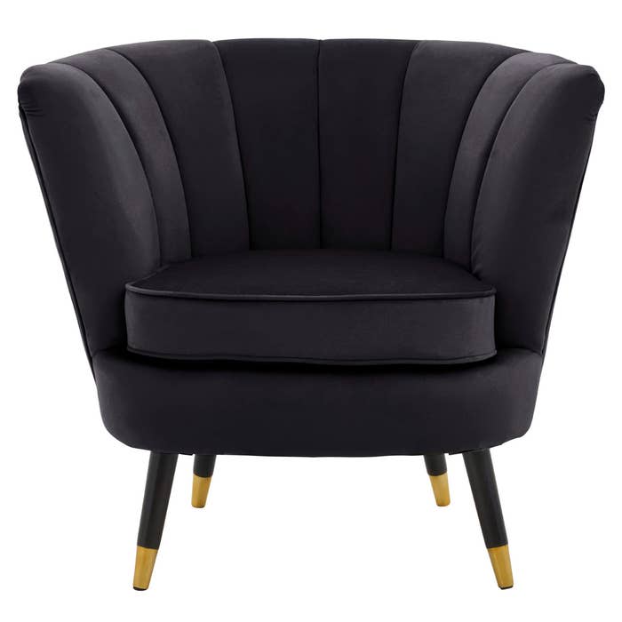 Black Velvet Scalloped Chair with Black Wood and Gold Legs