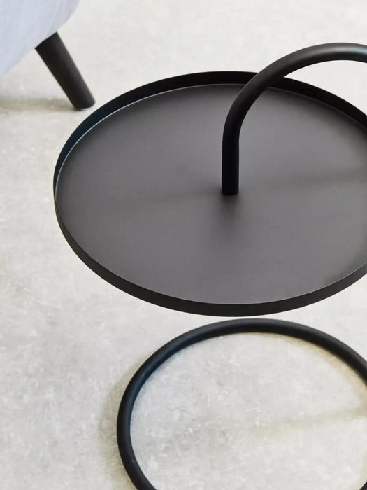 Hanging Floating Tray Style Side Table with Round Black Top and Black Legs
