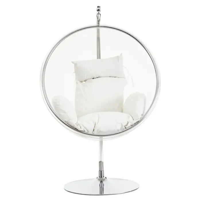 Circular Hanging Chair with Round Silver / Chrome Base with Cream Cushions