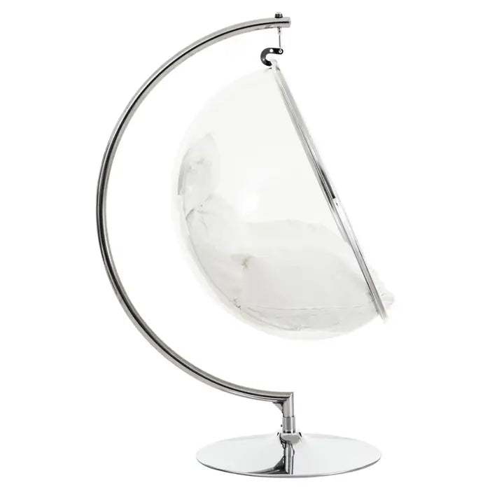 Circular Hanging Chair with Round Silver / Chrome Base with Cream Cushions