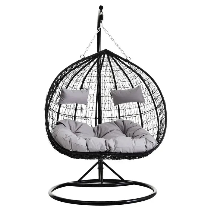 Garden / Conservatory Egg Double Hanging Chair with Round Base - Black