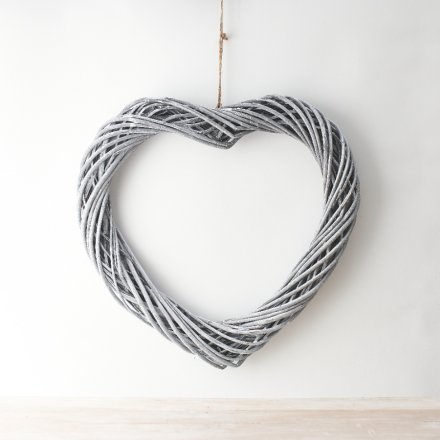 Woven Wicker Heart Wreath, Grey - 3 Sizes