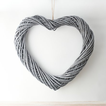 Woven Wicker Heart Wreath, Grey - 3 Sizes