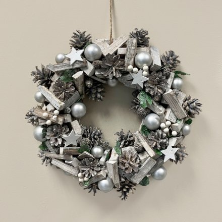 Grey and Silver Christmas Wreath, 40cm