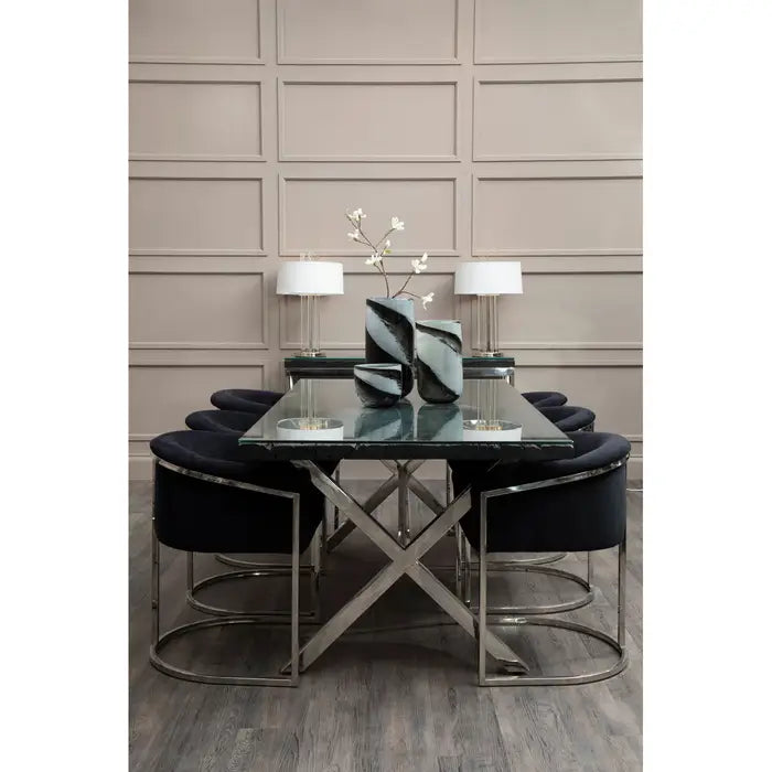 Black Velvet and Matte Silver Tub Design Dining Chair