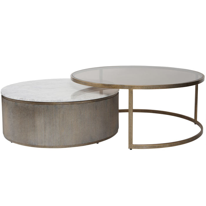 Belvedere Aged Gold Set of 2 Nesting Coffee Tables with Marble and Tinted Glass