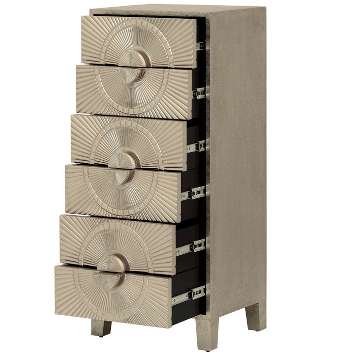 Coco Silver Embossed Metal Six Drawer Tall Boy