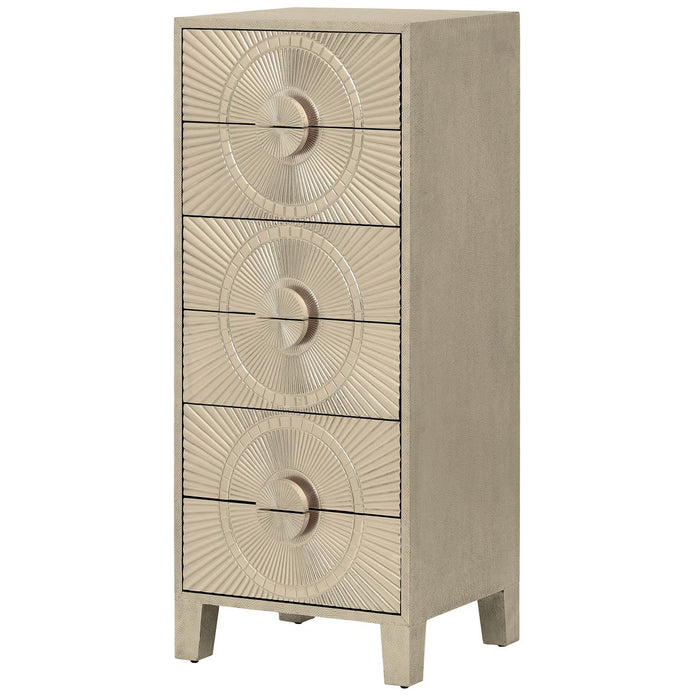 Coco Silver Embossed Metal Six Drawer Tall Boy
