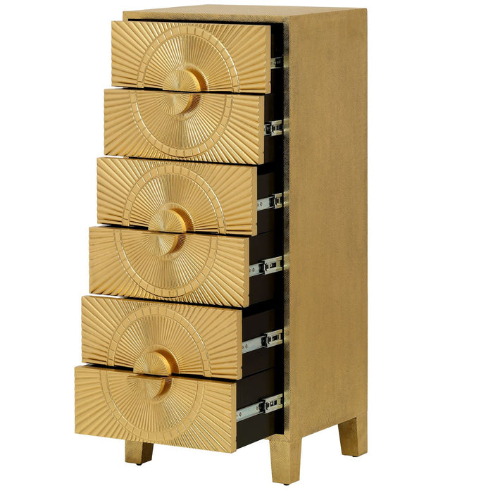 Coco Gold Embossed Metal Six Drawer Tall Boy
