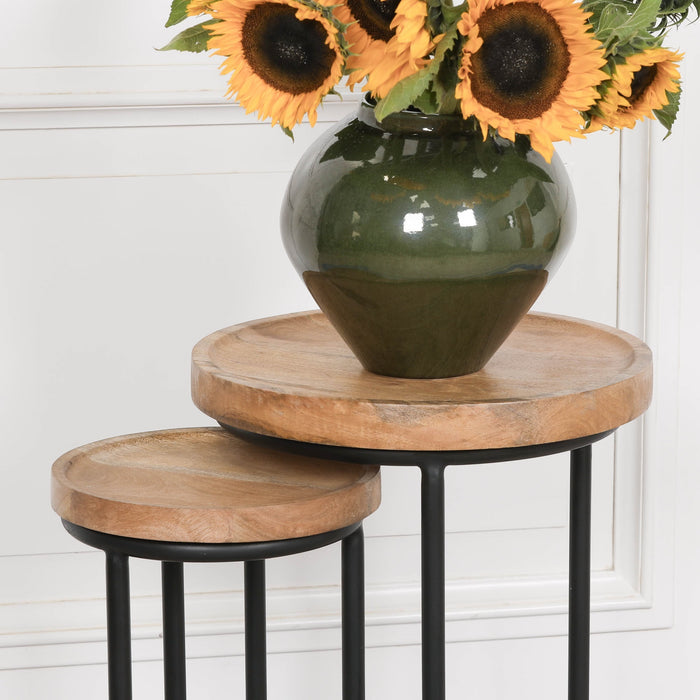 Iron Framed Nested Side Occasional Tables with Wooden Top