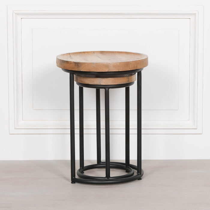 Iron Framed Nested Side Occasional Tables with Wooden Top