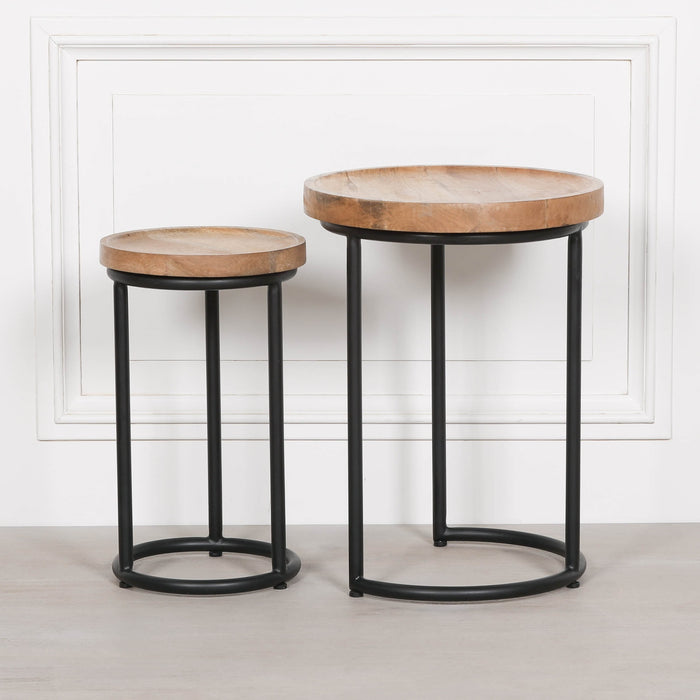 Iron Framed Nested Side Occasional Tables with Wooden Top