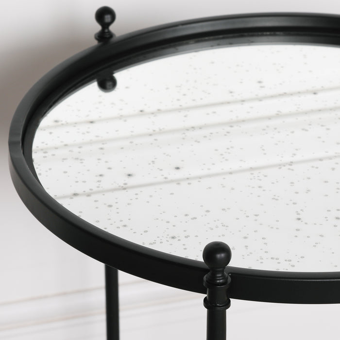 Black Iron Round Side Table with Antique Mirror Glass