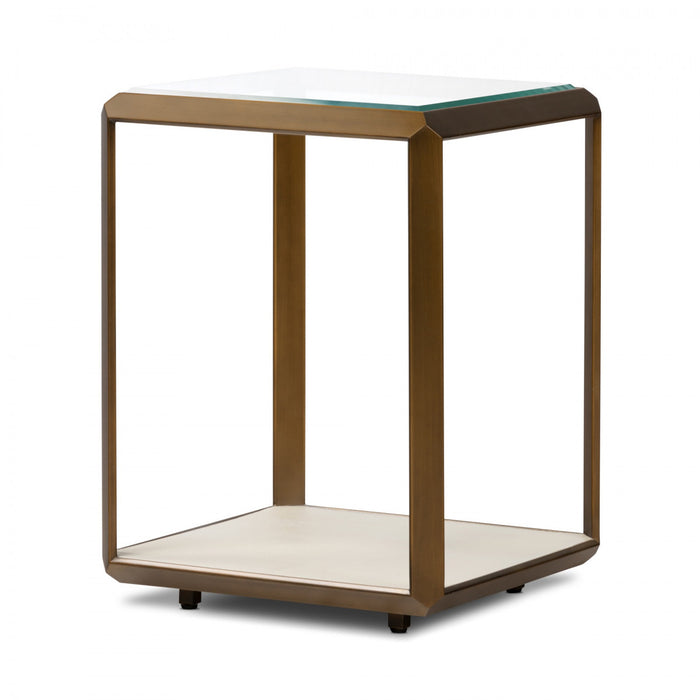 Elmley End Table | Ivory Faux Shagreen Base | Brass and Glass Top