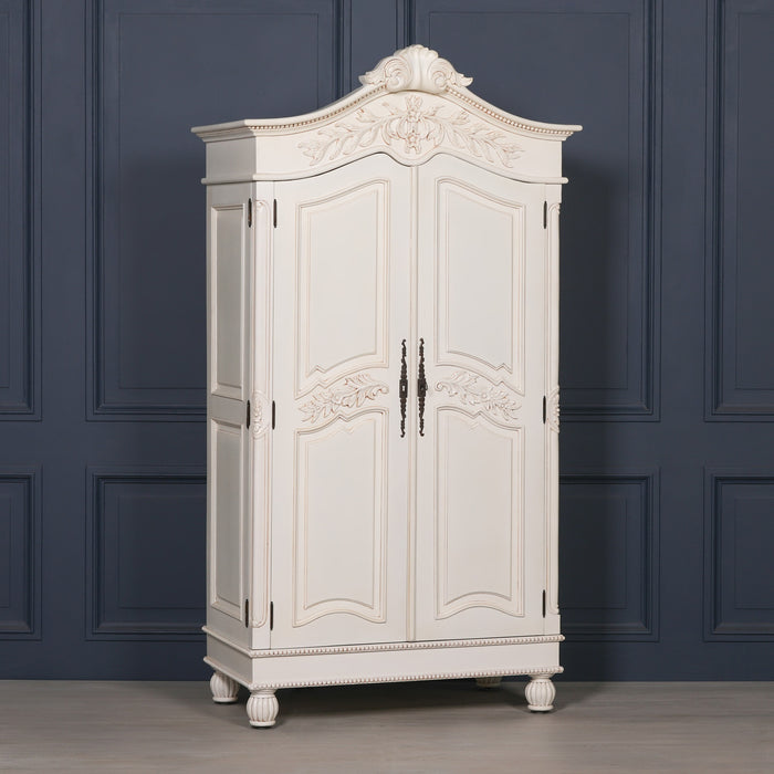 Wooden Carved French Chateau White Double Armoire Wardrobe