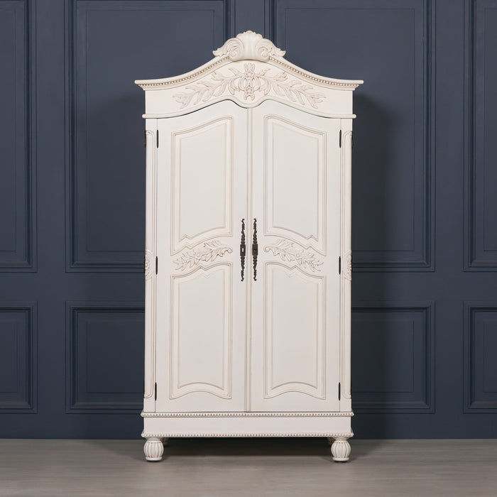 Wooden Carved French Chateau White Double Armoire Wardrobe