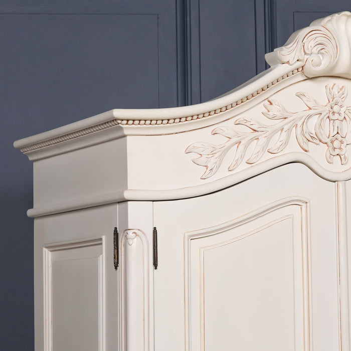 Wooden Carved French Chateau White Double Armoire Wardrobe