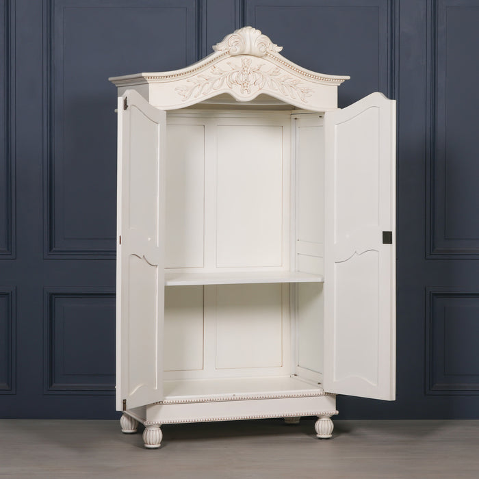 Wooden Carved French Chateau White Double Armoire Wardrobe