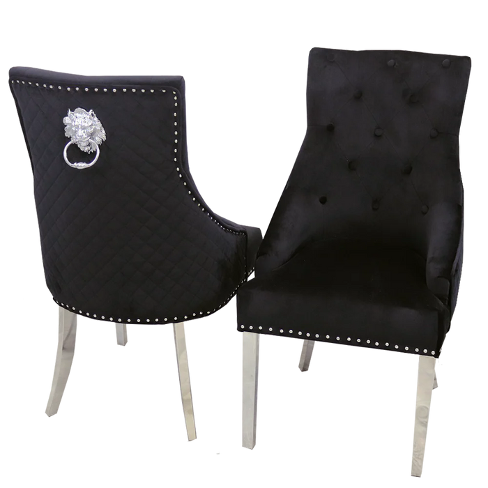 Bentley Lion Knocker Chrome Dining Chair - Black Velvet