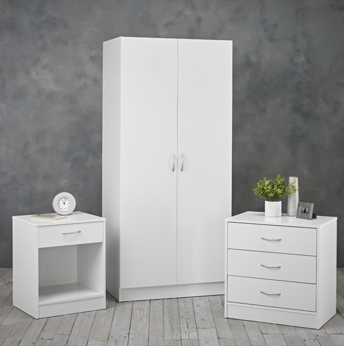 Delta Bedroom Set White - 3 Piece (Bedside + Chest of Drawers + Wardrobe)