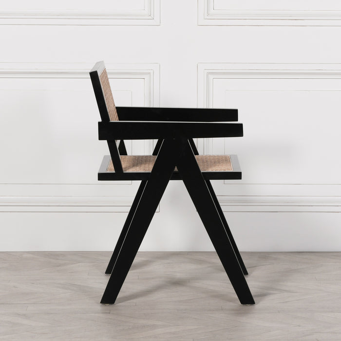 Black Painted Wooden Cane Dining Chair