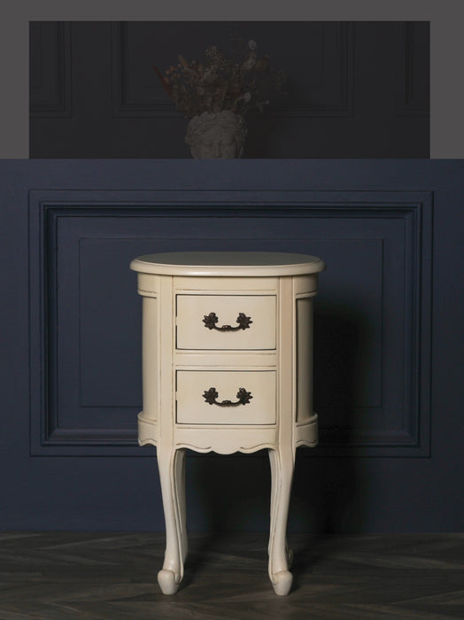 Aged Ivory Oval Bedside Table With 2 Drawers