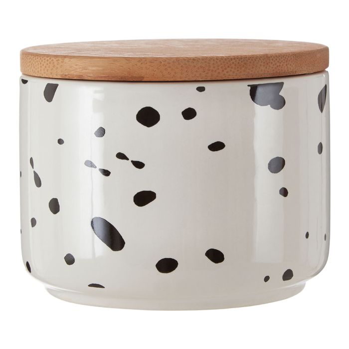 White and Black Speckled Storage Canister with Bamboo Wood Lid