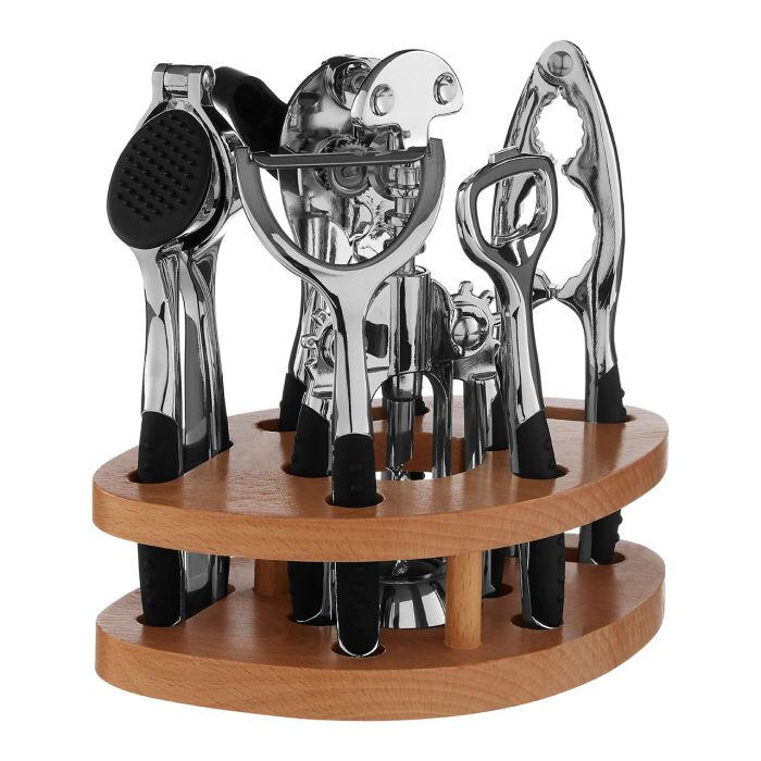 Premium 7 Piece Chrome Silver Finish Kitchen Gadget Set with Wooden Stand