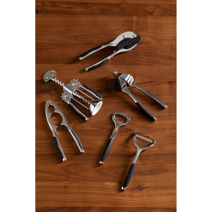 Premium 7 Piece Chrome Silver Finish Kitchen Gadget Set with Wooden Stand