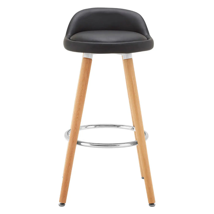 Curved Shaped Black Faux Leather Seat with Chrome and Beechwood Legs Bar Stool