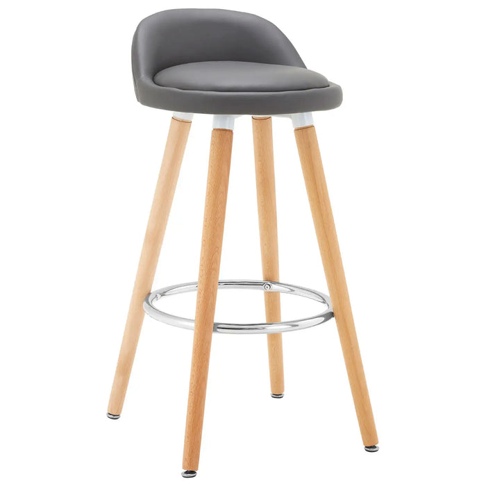 Curved Shaped Grey Faux Leather Seat with Chrome and Beechwood Legs Bar Stool