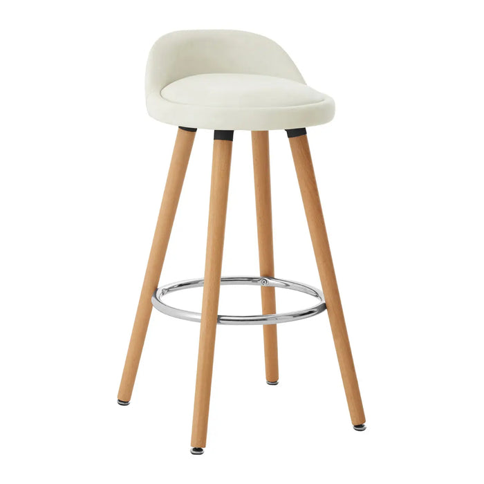 Curved Shaped White Faux Leather Seat with Chrome and Beechwood Legs Bar Stool