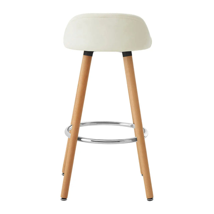 Curved Shaped White Faux Leather Seat with Chrome and Beechwood Legs Bar Stool