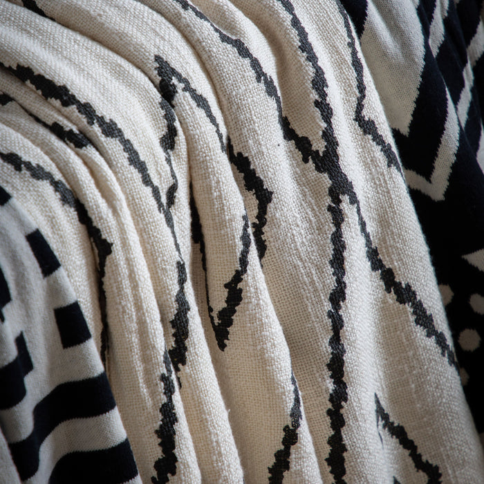 Natural Cotton Polyester Sherpa Throw 1260gsm Black Design with Tassels