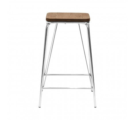 District Chrome Metal And Elm Wood Stool - Modern Home Interiors