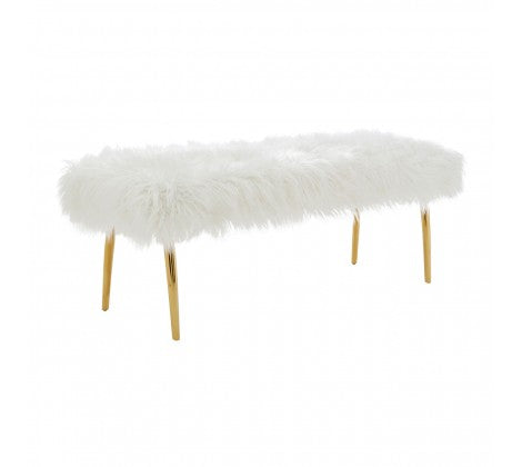 Clarence Natural Fur Effect Bench - White and Gold - Modern Home Interiors