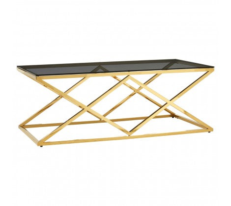 Allure Inverted Prism Base Gold Coffee Table with Black Tempered Glass Top - Modern Home Interiors