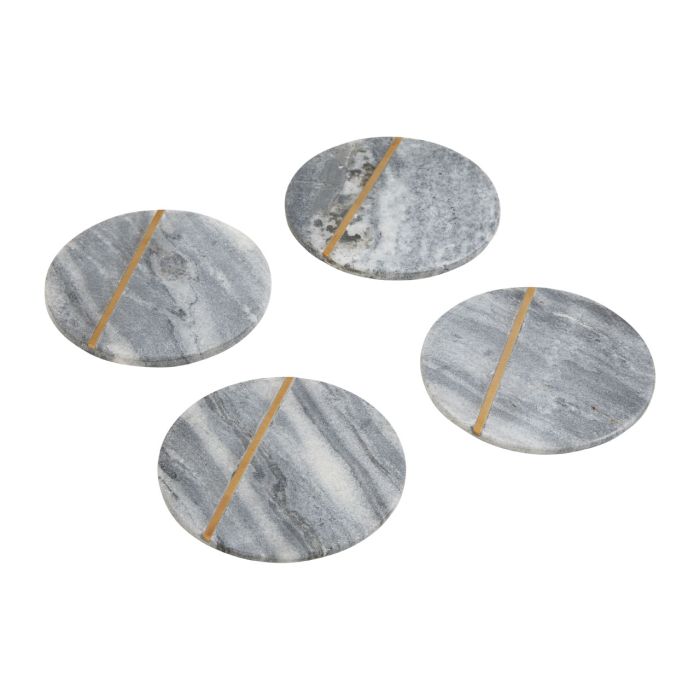 Grey Marble Round Coasters with Gold Toned Accent - Set of 4