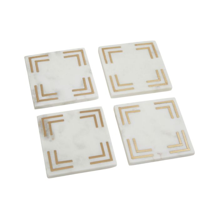White Marble Square Coasters with Gold Toned Accent - Set of 4