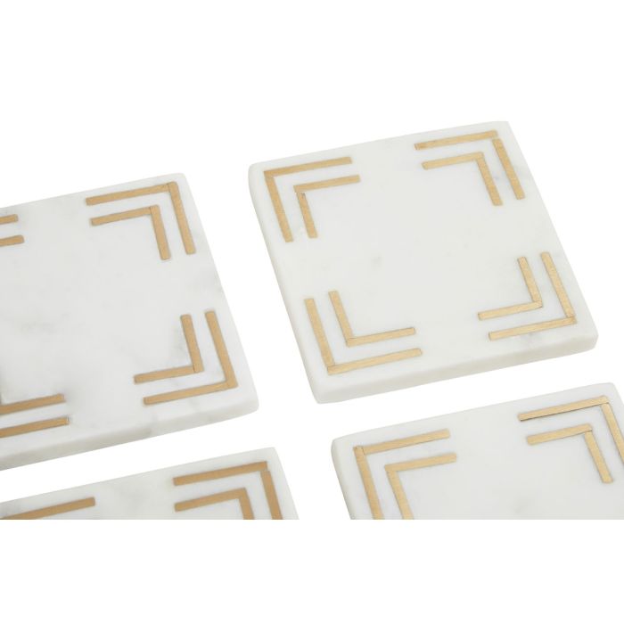 White Marble Square Coasters with Gold Toned Accent - Set of 4