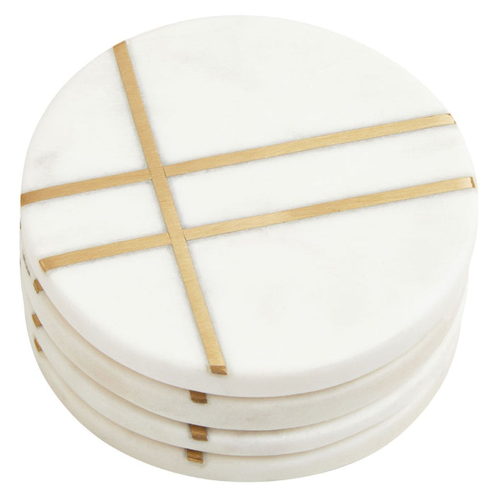 White Marble Round Coasters with Gold Toned Accent - Set of 4