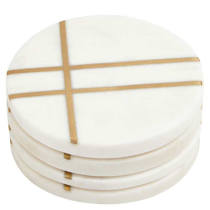 White Marble Round Coasters with Gold Toned Accent - Set of 4
