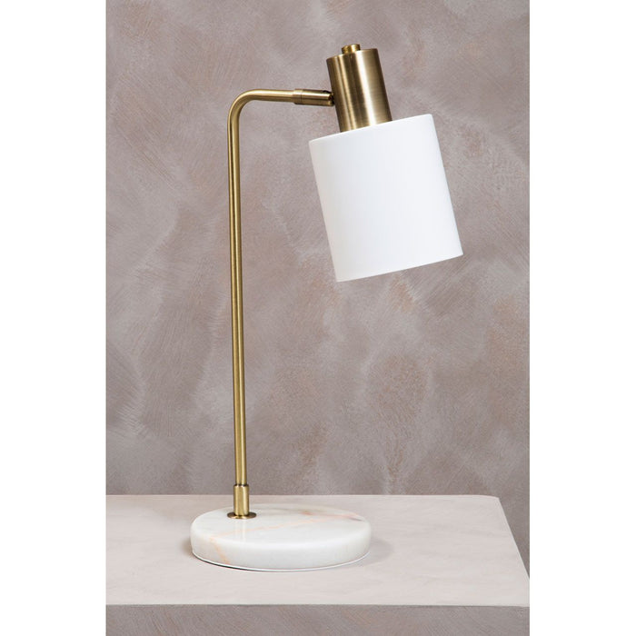 White Marble Base Brass Finish Curved Desk Lamp with White Shade