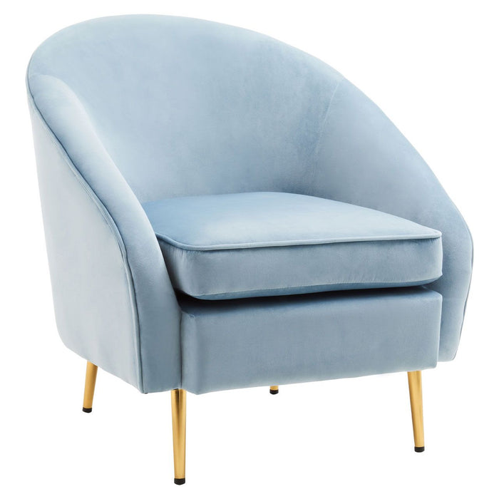 Aqua Blue Velvet Curved Foam Cushioned Armchair with Gold Legs
